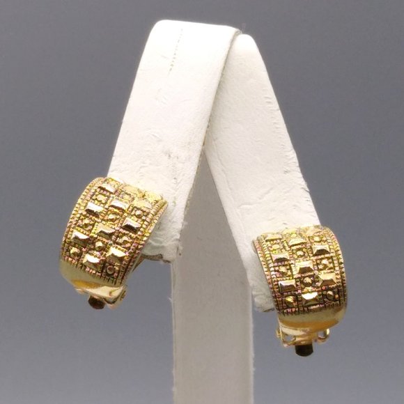 Vintage Half Hoop Earrings, Gold Tone Faux Marcasite Style Clip Ons - Picture 1 of 5